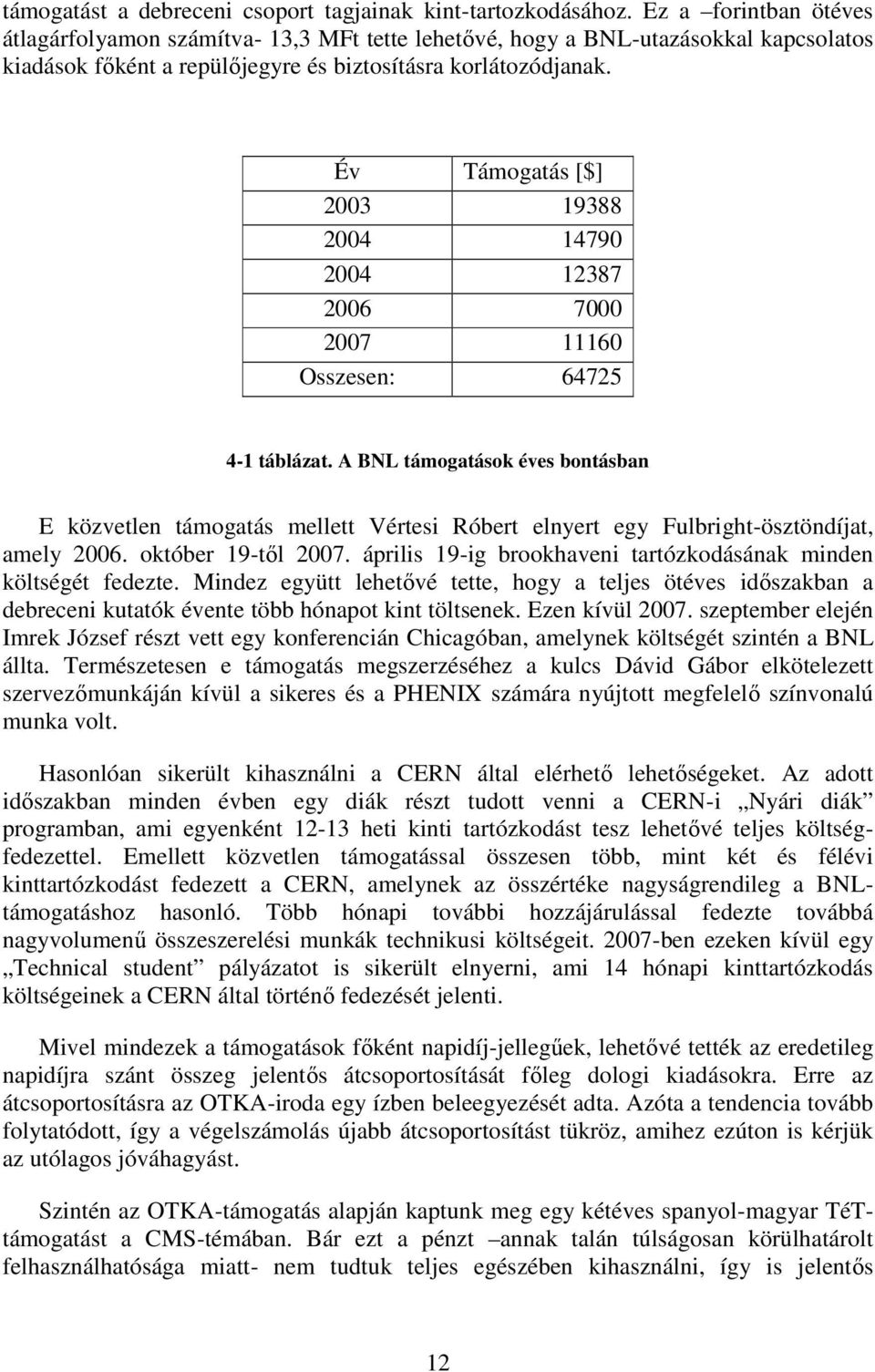 Év Támogatás [$] 2003 19388 2004 14790 2004 12387 2006 7000 2007 11160 Osszesen: 64725 4-1 táblázat.