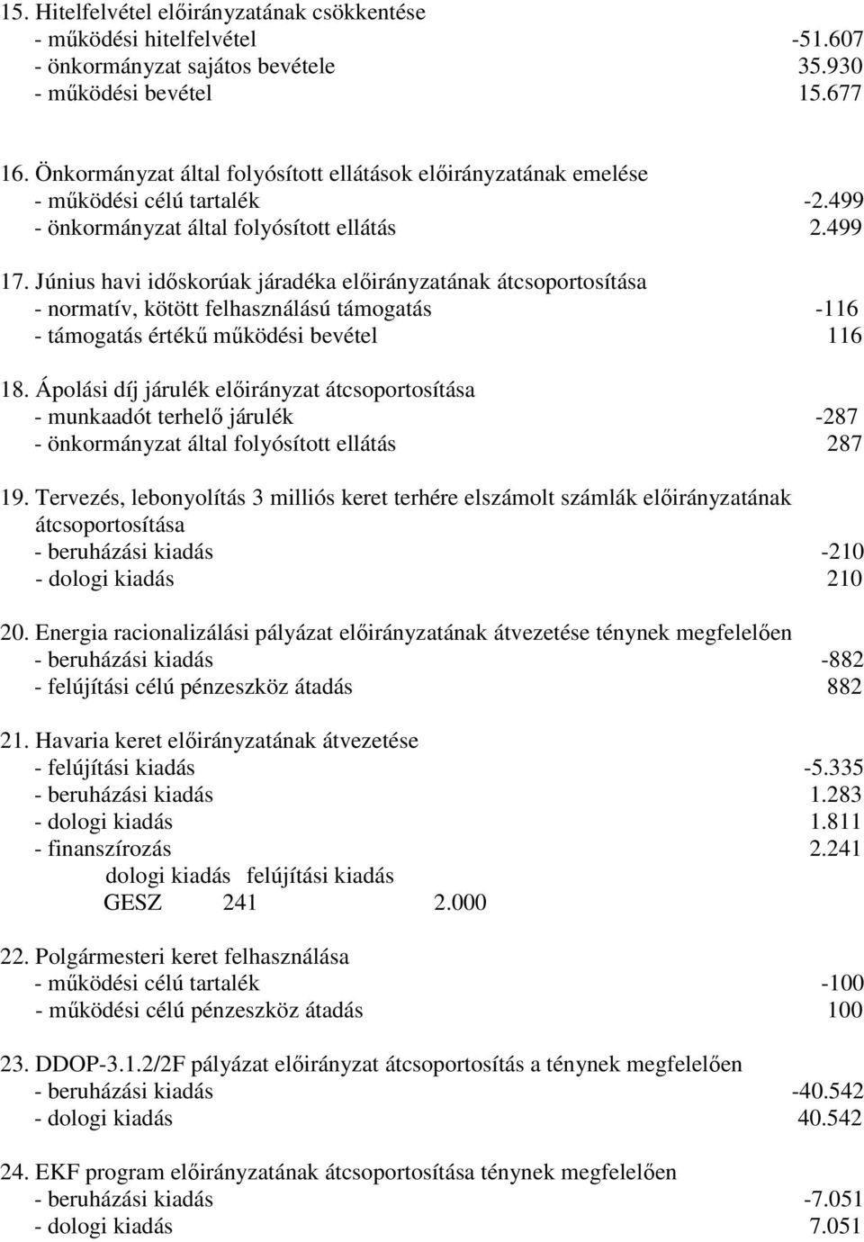 Június havi idıskorúak járadéka elıirányzatának átcsoportosítása - normatív, kötött felhasználású támogatás -116 - támogatás értékő mőködési bevétel 116 18.
