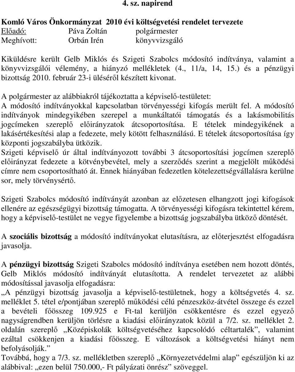 módosító indítványa, valamint a könyvvizsgálói vélemény, a hiányzó mellékletek (4., 11/a, 14, 15.) és a pénzügyi bizottság 2010. február 23-i ülésérıl készített kivonat.