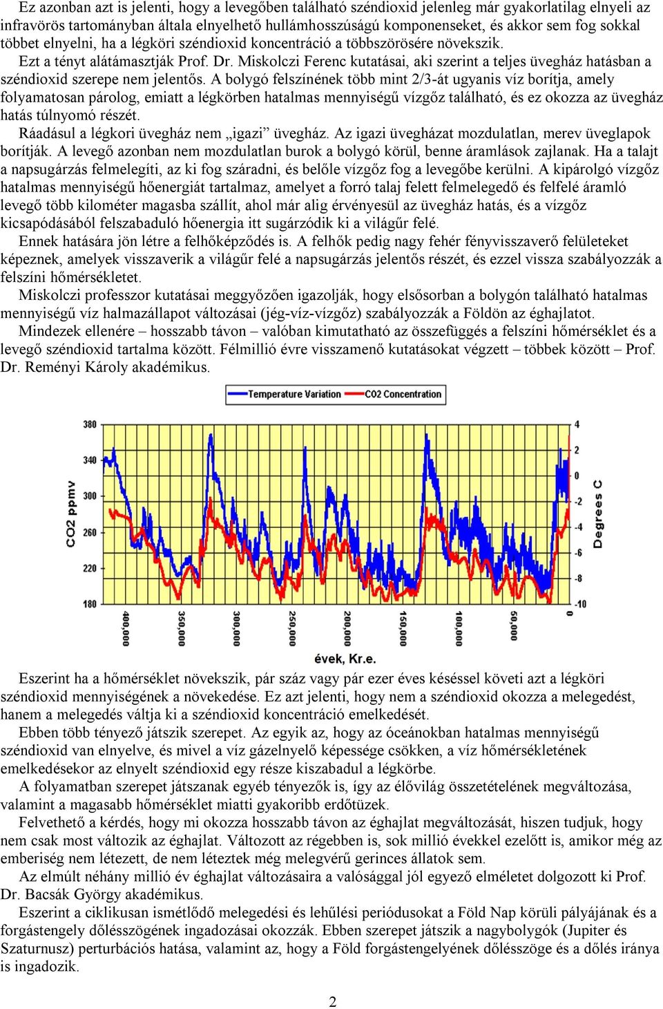 Miskolczi Ferenc kutatásai, aki szerint a teljes üvegház hatásban a széndioxid szerepe nem jelentős.