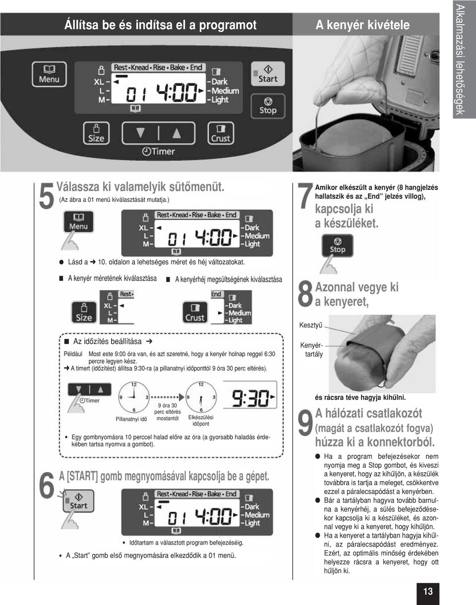 A kenyér méretének kiválasztása A kenyérhéj megsültségének kiválasztása Azonnal vegye ki a kenyeret, Kesztyû Az idôzítés beállítása Például Most este 9:00 óra van, és azt szeretné, hogy a kenyér
