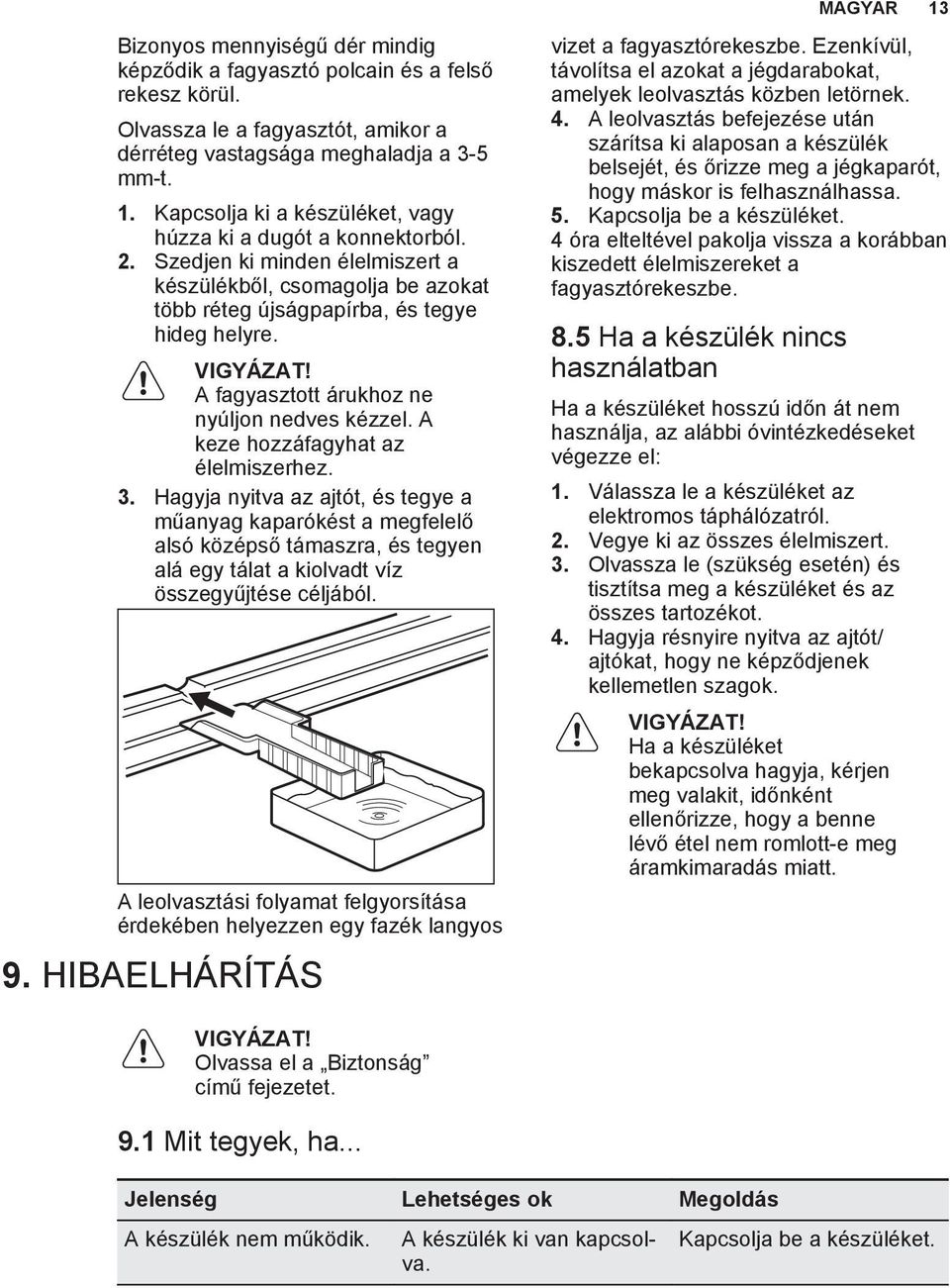 A keze hozzáfagyhat az élelmiszerhez. 3. Hagyja nyitva az ajtót, és tegye a műanyag kaparókést a megfelelő alsó középső támaszra, és tegyen alá egy tálat a kiolvadt víz összegyűjtése céljából.