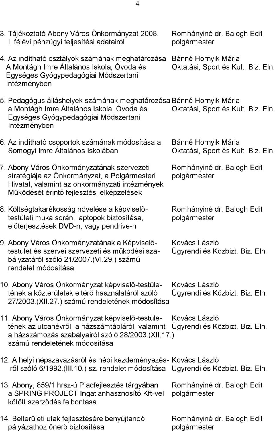 Pedagógus álláshelyek számának meghatározása Bánné Hornyik Mária a Montágh Imre Általános Iskola, Óvoda és Oktatási, Sport és Kult. Biz. Eln. Egységes Gyógypedagógiai Módszertani Intézményben 6.