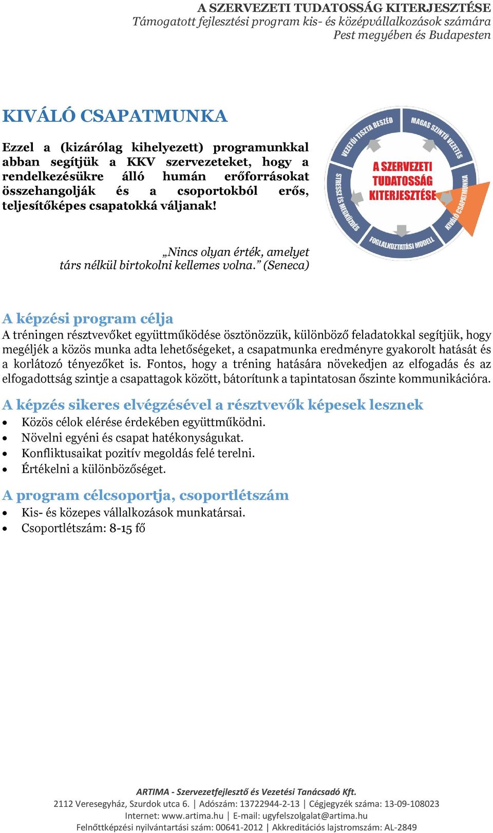 (Seneca) A tréningen résztvevőket együttműködése ösztönözzük, különböző feladatokkal segítjük, hogy megéljék a közös munka adta lehetőségeket, a csapatmunka eredményre gyakorolt hatását és a