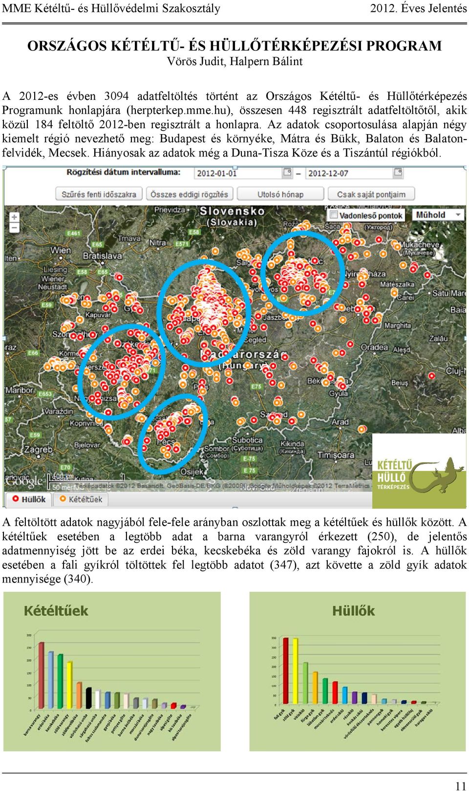 Az adatok csoportosulása alapján négy kiemelt régió nevezhető meg: Budapest és környéke, Mátra és Bükk, Balaton és Balatonfelvidék, Mecsek.