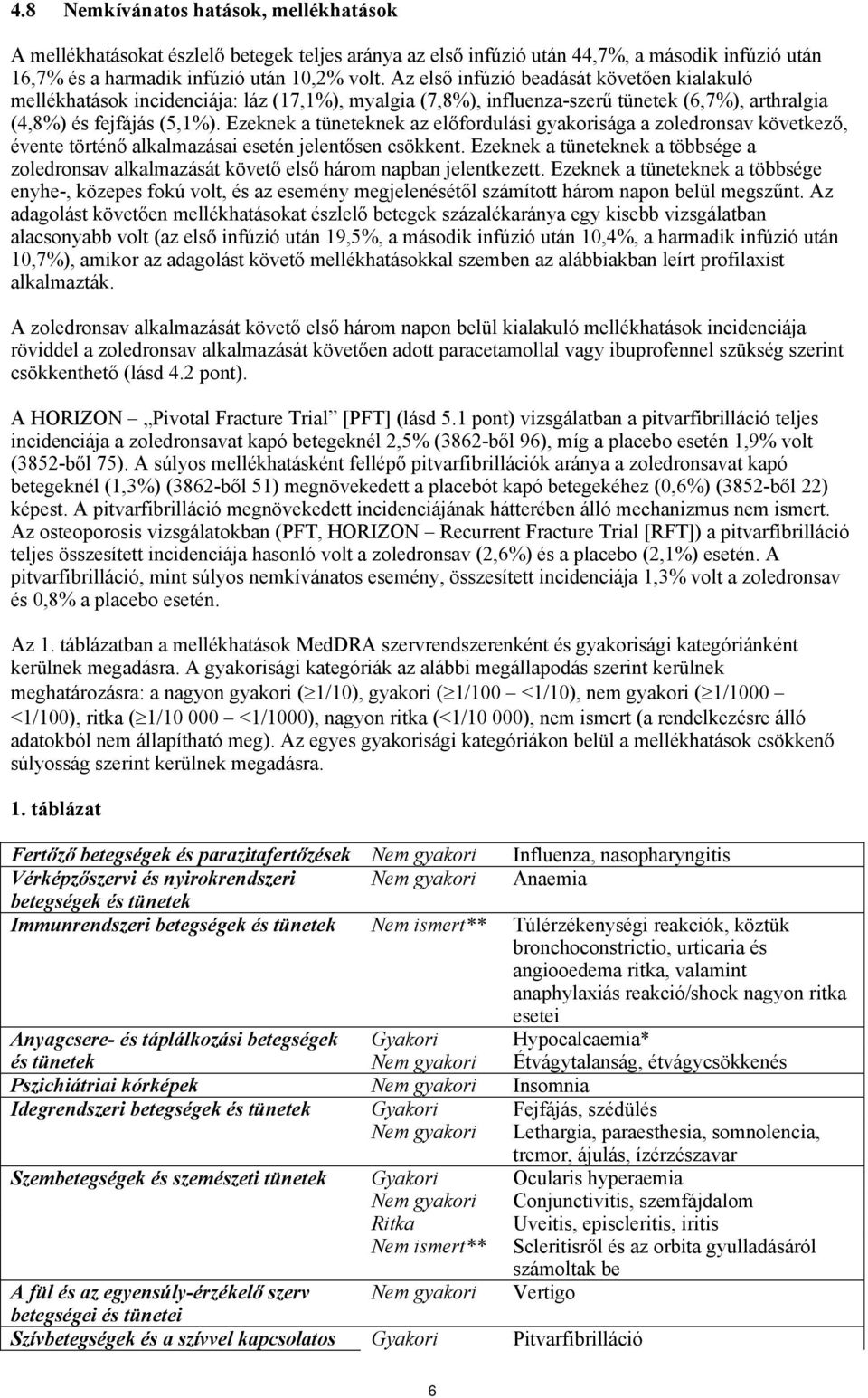 Ezeknek a tüneteknek az előfordulási gyakorisága a zoledronsav következő, évente történő alkalmazásai esetén jelentősen csökkent.