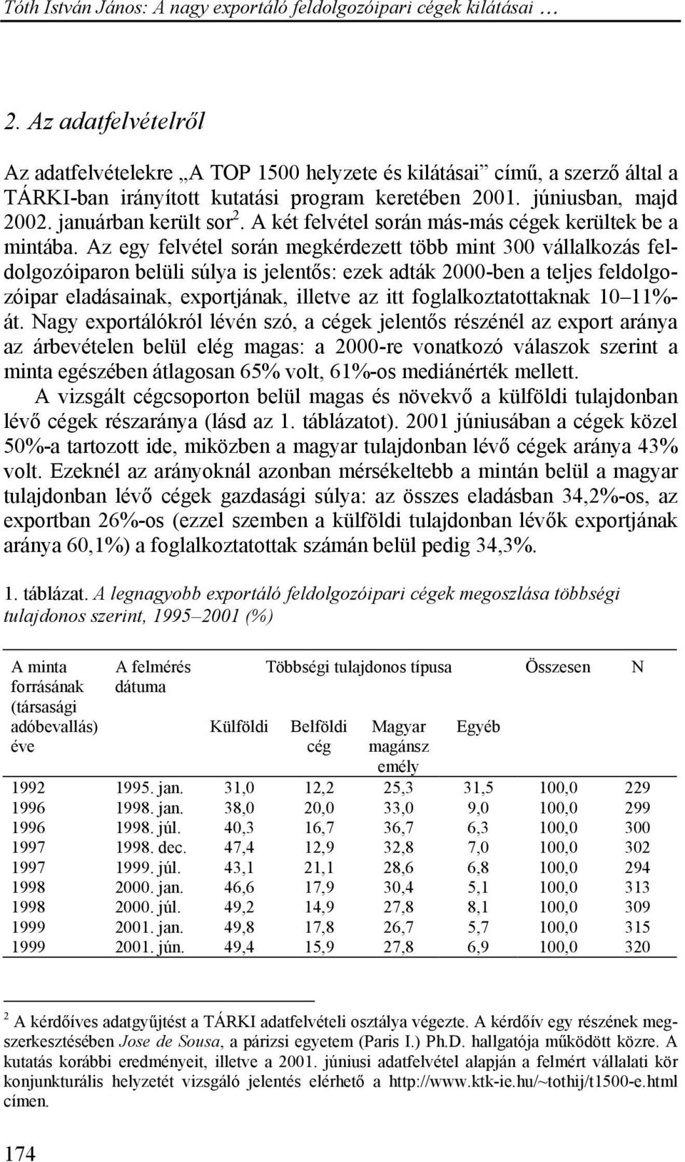 Az egy felvétel során megkérdezett több mint 300 vállalkozás feldolgozóiparon belüli súlya is jelentős: ezek adták 2000-ben a teljes feldolgozóipar eladásainak, exportjának, illetve az itt