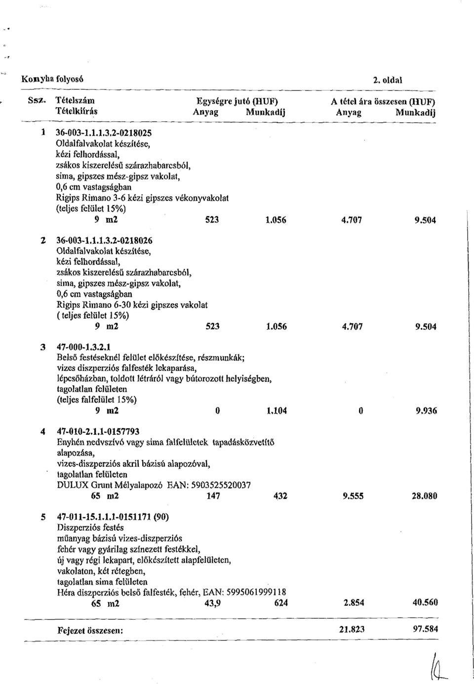 vékonyvakolat (teljes felület 15%) 9 m2 523 