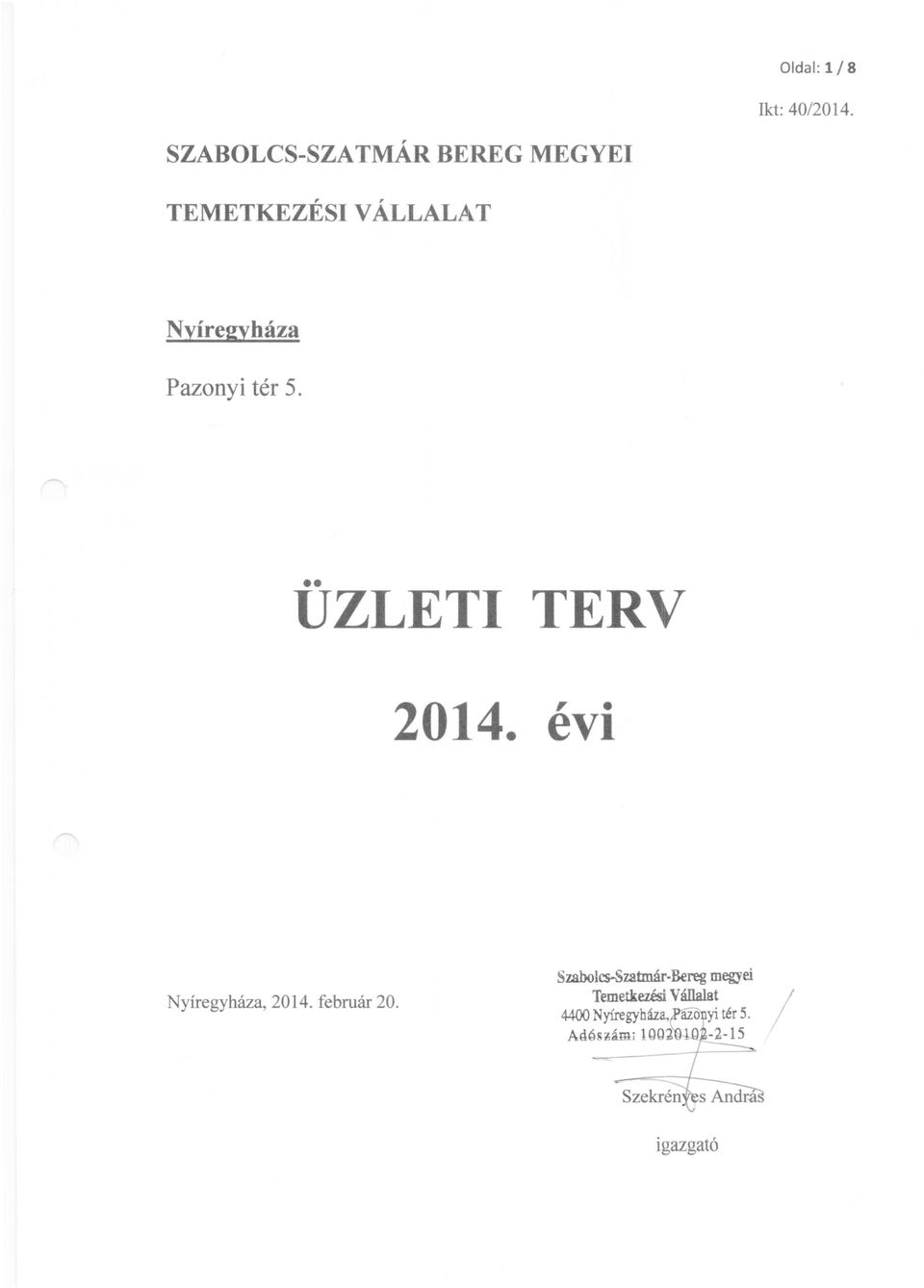 Pazonyi tér 5. UZLETI TERV,. 2014.