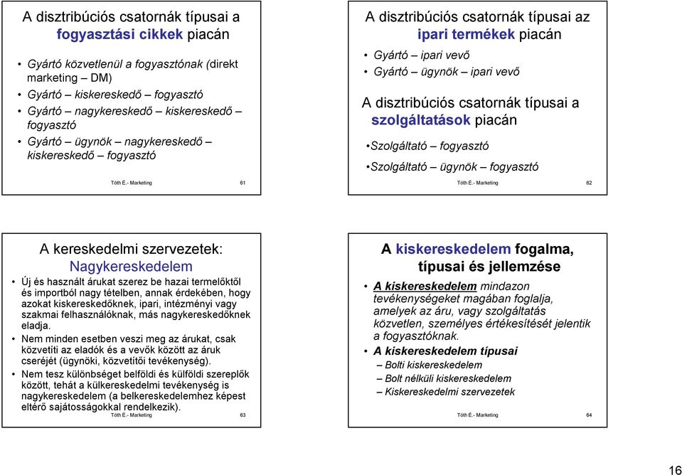 - Marketing 61 A disztribúciós csatornák típusai az ipari termékek piacán Gyártó ipari vevő Gyártó ügynök ipari vevő A disztribúciós csatornák típusai a szolgáltatások piacán Szolgáltató fogyasztó