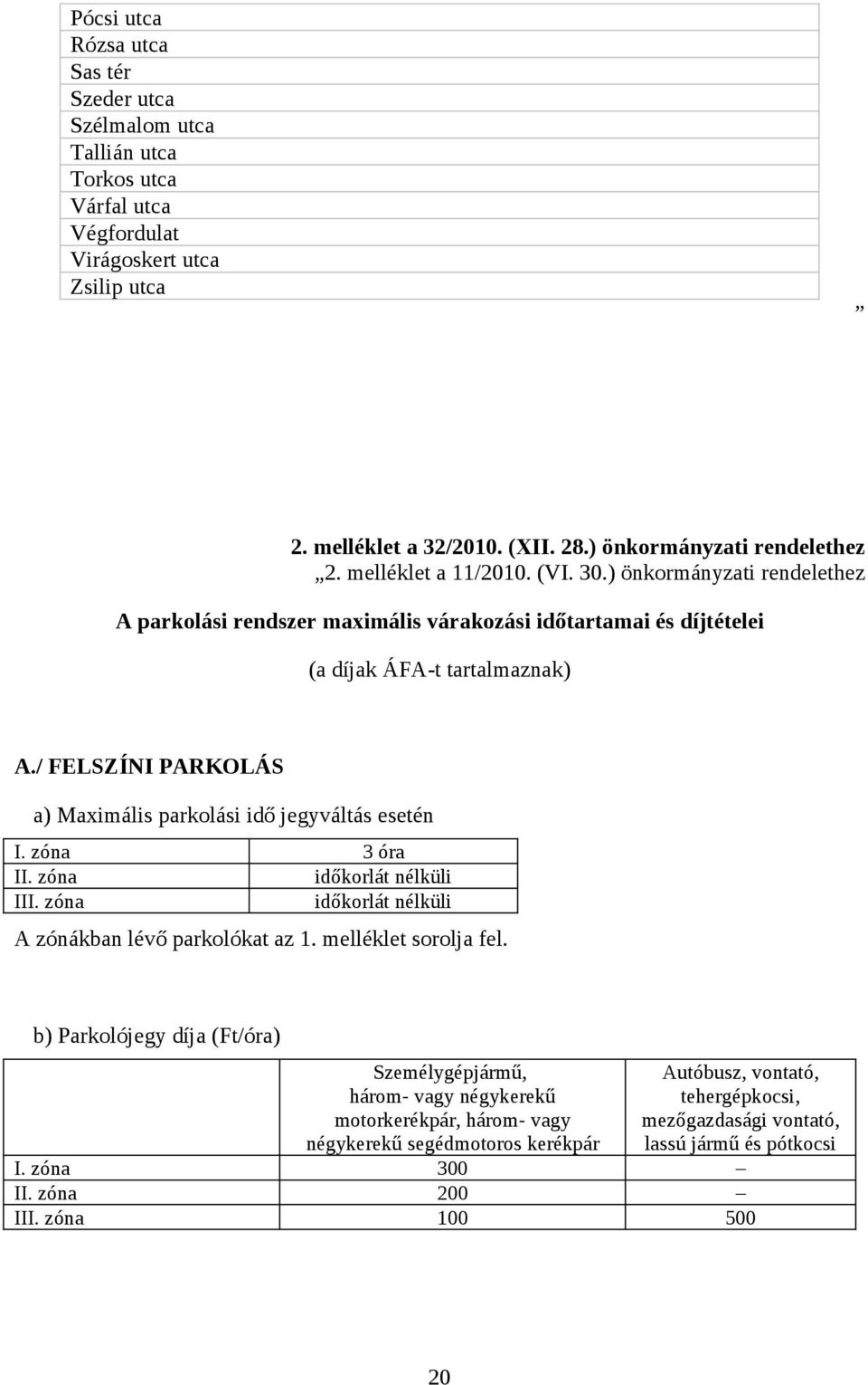 / FELSZÍNI PARKOLÁS a) Maximális parkolási idő jegyváltás esetén I. zóna 3 óra II. zóna időkorlát nélküli III. zóna időkorlát nélküli A zónákban lévő parkolókat az 1. melléklet sorolja fel.