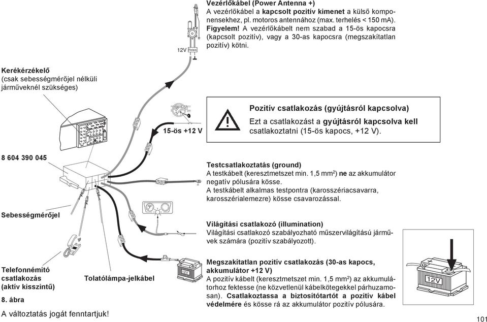 Kerékérzékelõ (csak sebességmérõjel nélküli jármûveknél szükséges) -ös + V Pozitív csatlakozás (gyújtásról kapcsolva) Ezt a csatlakozást a gyújtásról kapcsolva kell csatlakoztatni (-ös kapocs, + V).