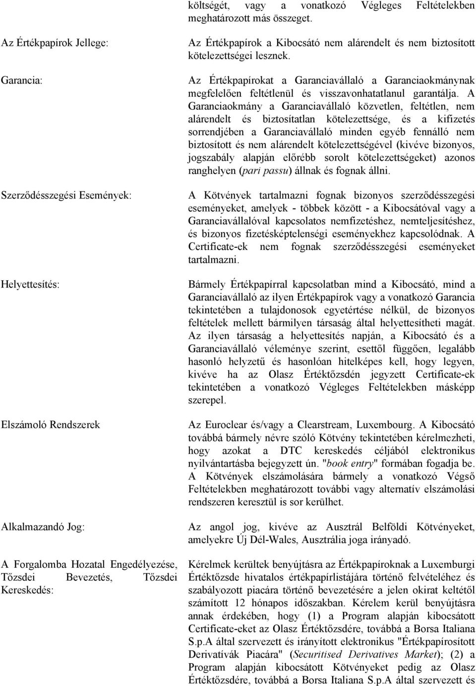 Az Értékpapírokat a Garanciavállaló a Garanciaokmánynak megfelelően feltétlenül és visszavonhatatlanul garantálja.