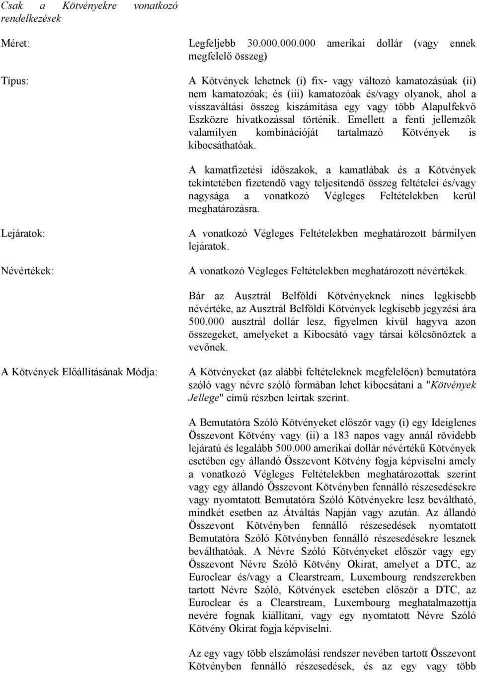 összeg kiszámítása egy vagy több Alapulfekvő Eszközre hivatkozással történik. Emellett a fenti jellemzők valamilyen kombinációját tartalmazó Kötvények is kibocsáthatóak.