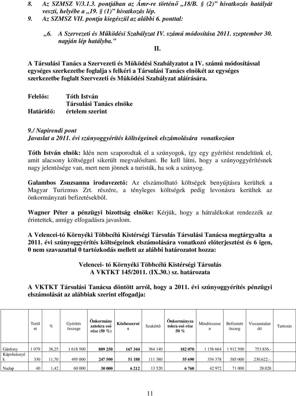 számú módosítással egységes szerkezetbe foglalja s felkéri a Társulási Tanács elnökét az egységes szerkezetbe foglalt Szervezeti és Működési Szabályzat aláírására.