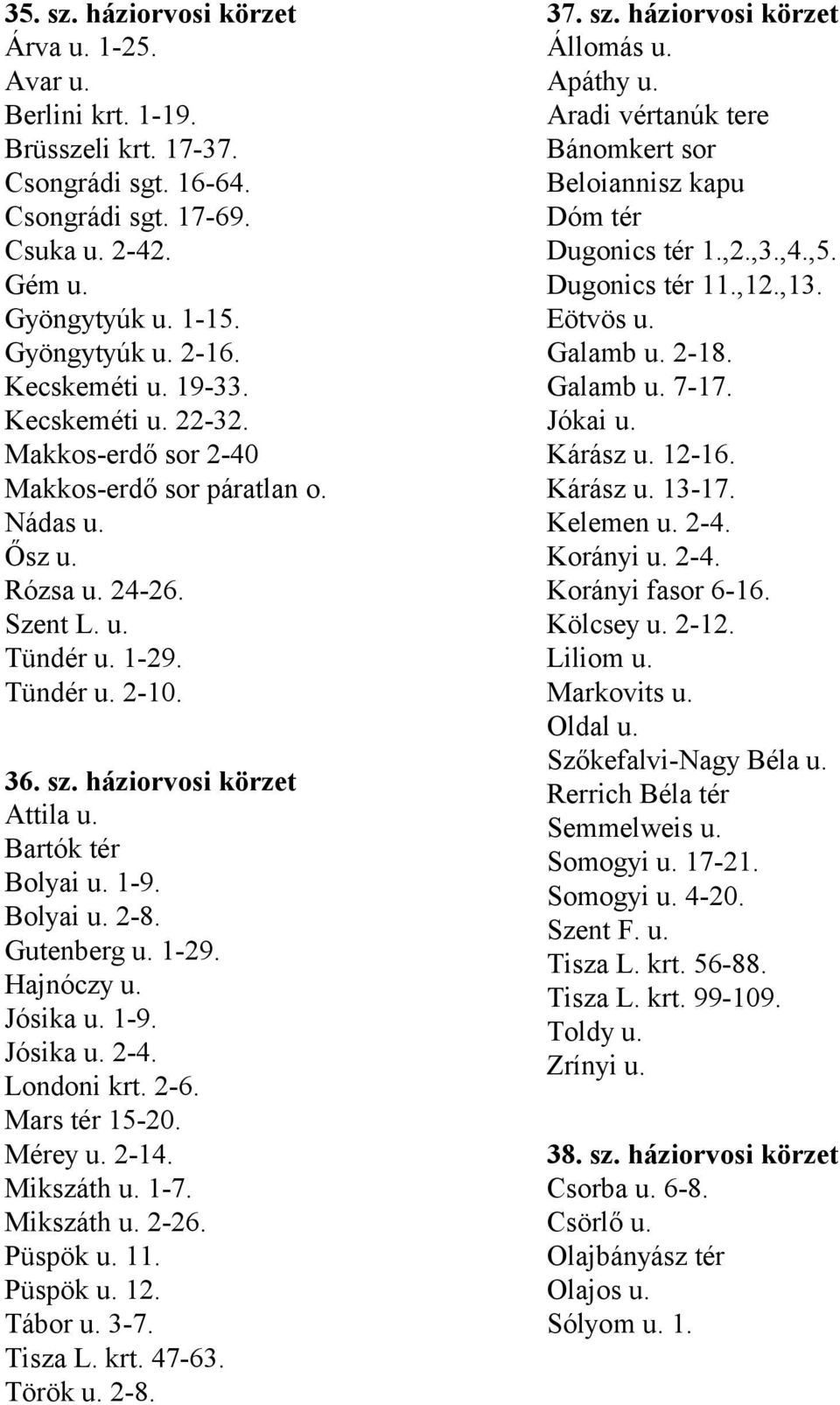 háziorvosi körzet Attila u. Bartók tér Bolyai u. 1-9. Bolyai u. 2-8. Gutenberg u. 1-29. Hajnóczy u. Jósika u. 1-9. Jósika u. 2-4. Londoni krt. 2-6. Mars tér 15-20. Mérey u. 2-14. Mikszáth u. 1-7.