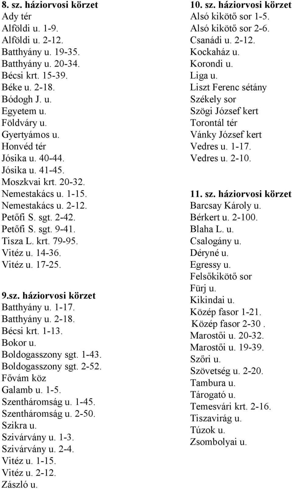 9.sz. háziorvosi körzet Batthyány u. 1-17. Batthyány u. 2-18. Bécsi krt. 1-13. Bokor u. Boldogasszony sgt. 1-43. Boldogasszony sgt. 2-52. Fővám köz Galamb u. 1-5. Szentháromság u. 1-45.