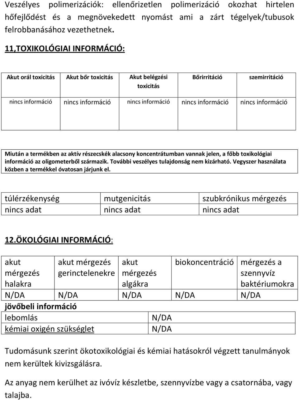 információ Miután a termékben az aktív részecskék alacsony koncentrátumban vannak jelen, a főbb toxikológiai információ az oligometerből származik. További veszélyes tulajdonság nem kizárható.