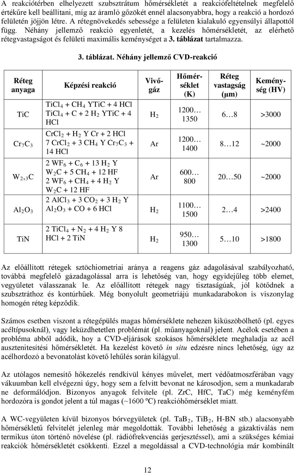 Néhány jellemző reakció egyenletét, a kezelés hőmérsékletét, az elérhető rétegvastagságot és felületi maximális keménységet a 3. táblázat 