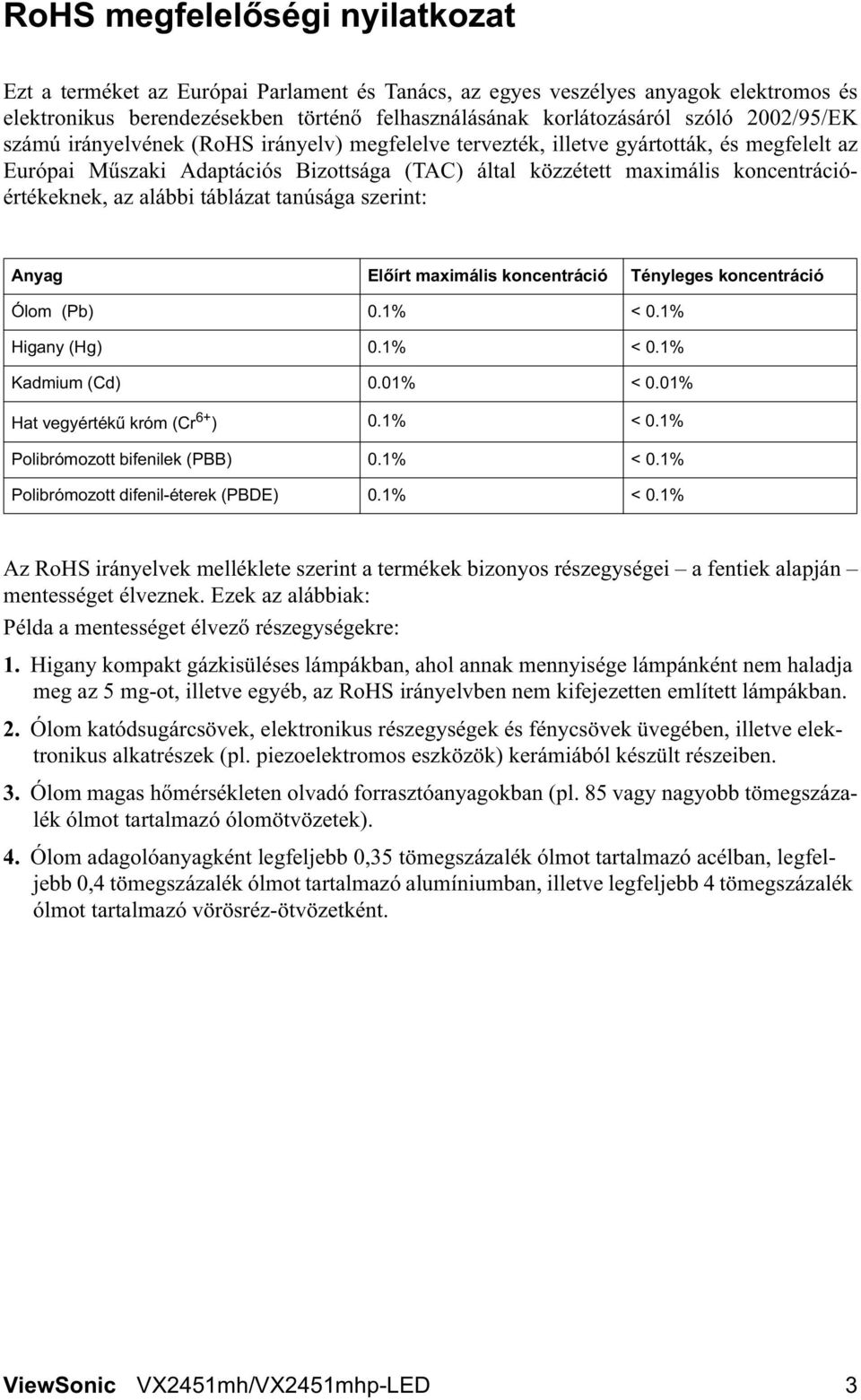 az alábbi táblázat tanúsága szerint: Anyag El írt maximális koncentráció Tényleges koncentráció Ólom (Pb) 0.1% < 0.1% Higany (Hg) 0.1% < 0.1% Kadmium (Cd) 0.01% < 0.01% Hat vegyérték króm (Cr 6+ ) 0.