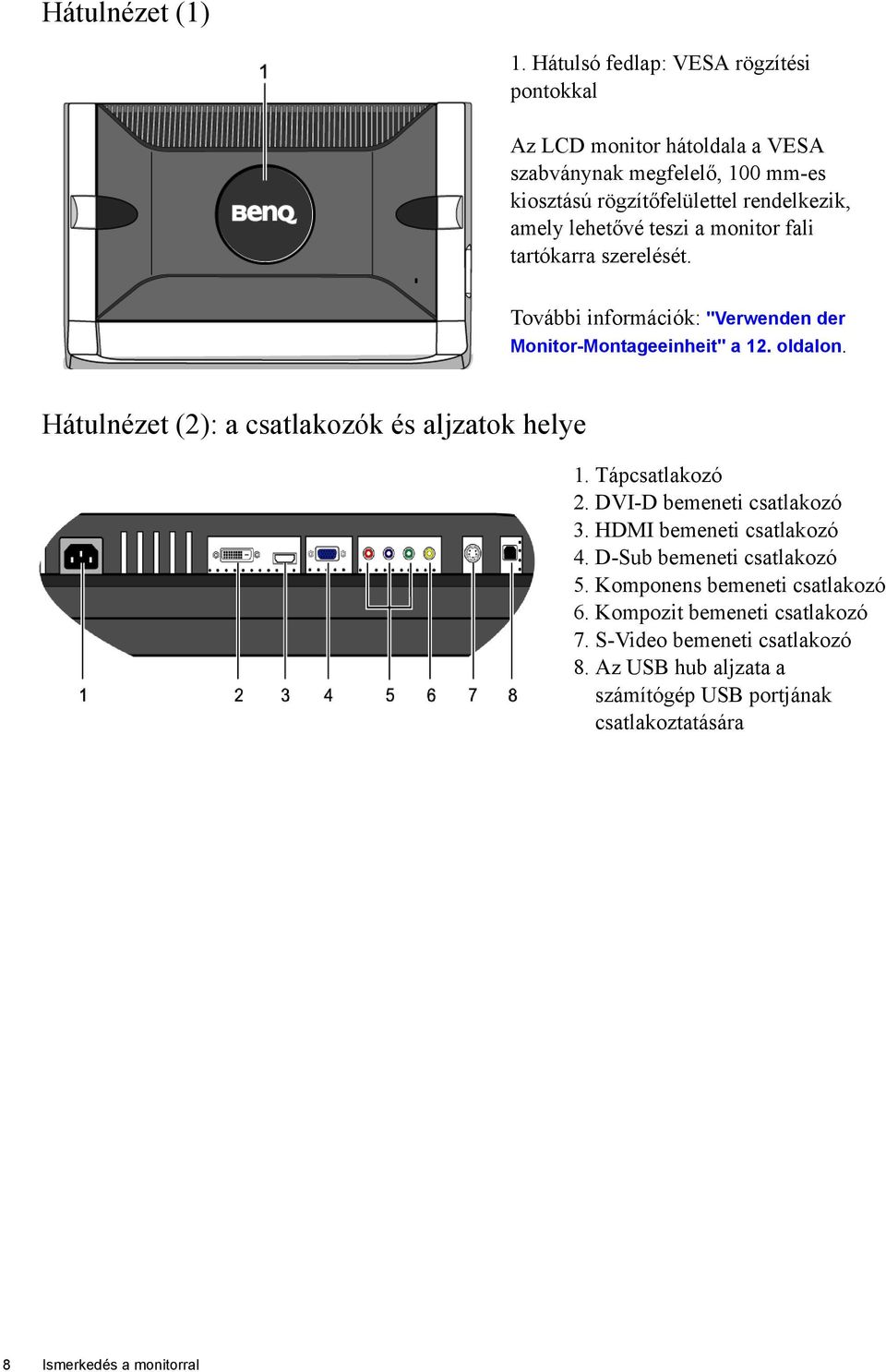 lehetővé teszi a monitor fali tartókarra szerelését. További információk: "Verwenden der Monitor-Montageeinheit" a 12. oldalon.