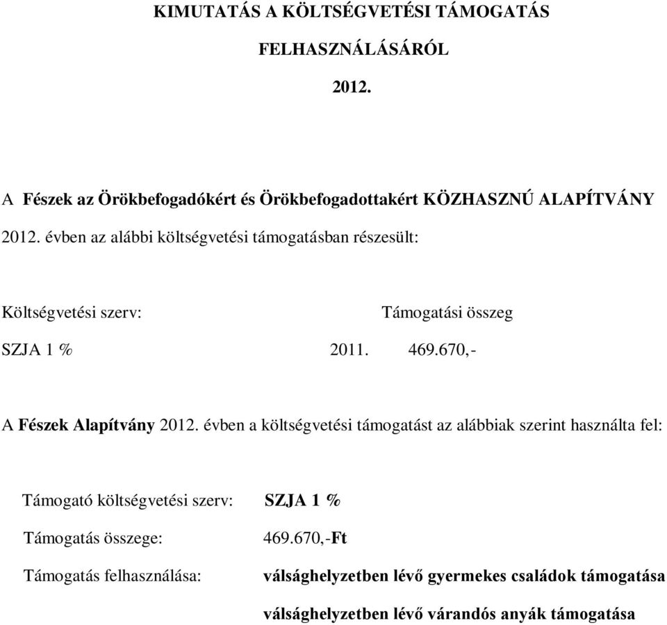 évben az alábbi költségvetési támogatásban részesült: Költségvetési szerv: Támogatási összeg SZJA 1 % 2011. 469.