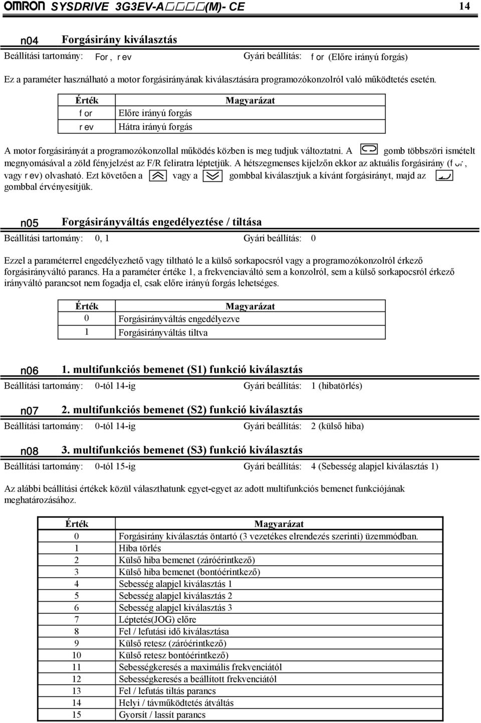 A gomb többszöri ismételt megnyomásával a zöld fényjelzést az F/R feliratra léptetjük. A hétszegmenses kijelzőn ekkor az aktuális forgásirány (for, vagy rev) olvasható.