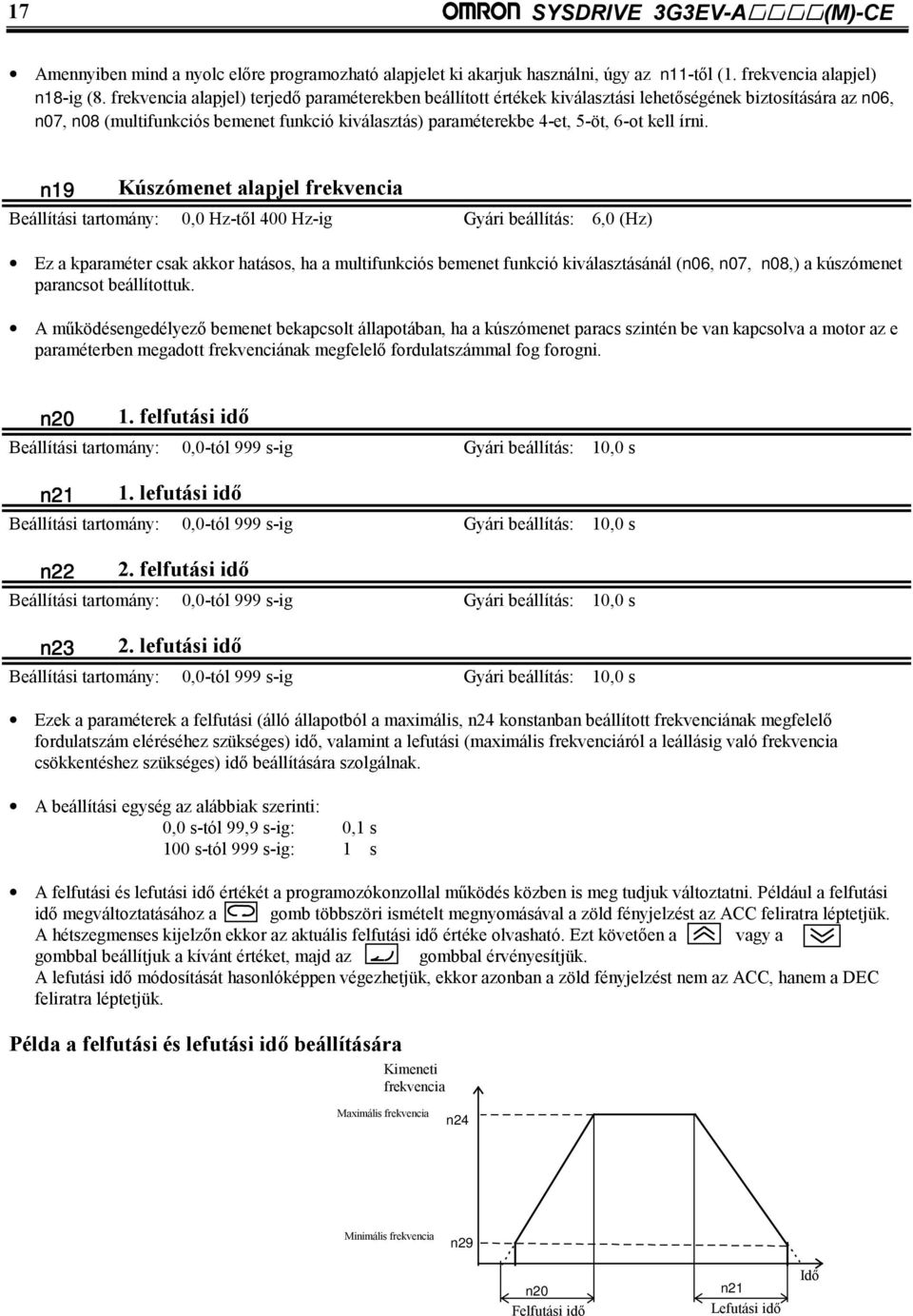 írni. n19 Kúszómenet alapjel frekvencia Beállítási tartomány: 0,0 Hz-től 400 Hz-ig Gyári beállítás: 6,0 (Hz) Ez a kparaméter csak akkor hatásos, ha a multifunkciós bemenet funkció kiválasztásánál