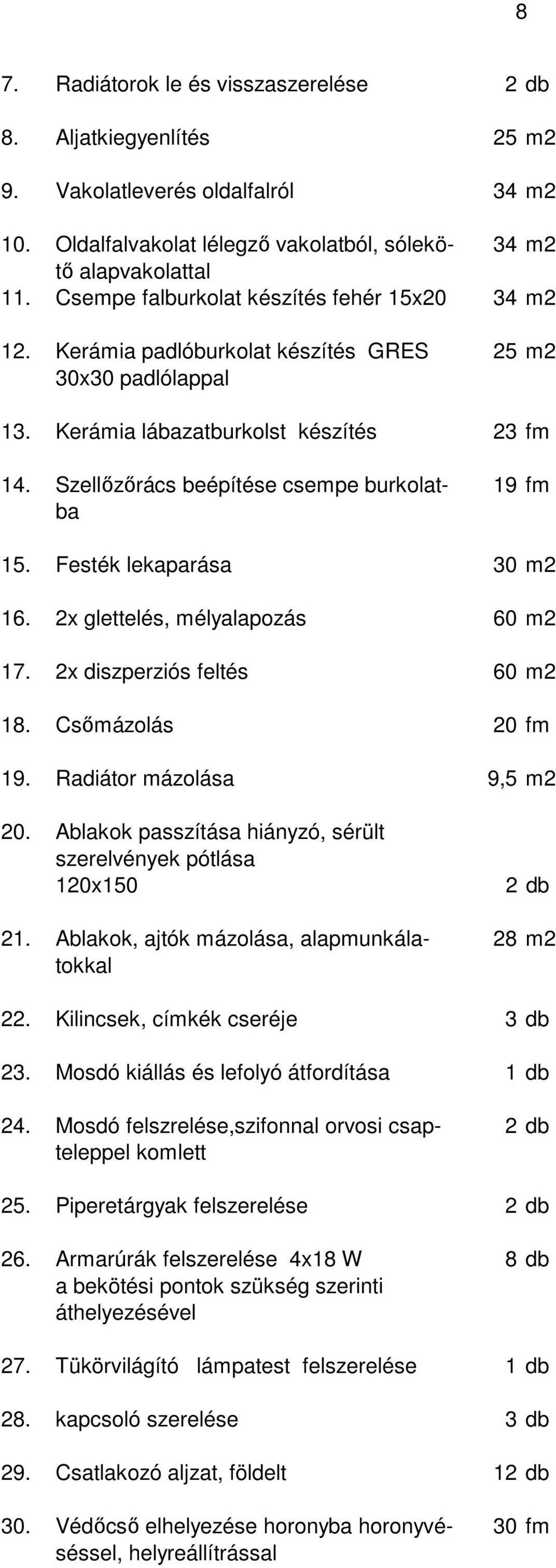 Szellőzőrács beépítése csempe burkolat- 19 fm ba 15. Festék lekaparása 30 m2 16. 2x glettelés, mélyalapozás 60 m2 17. 2x diszperziós feltés 60 m2 18. Csőmázolás 20 fm 19. Radiátor mázolása 9,5 m2 20.