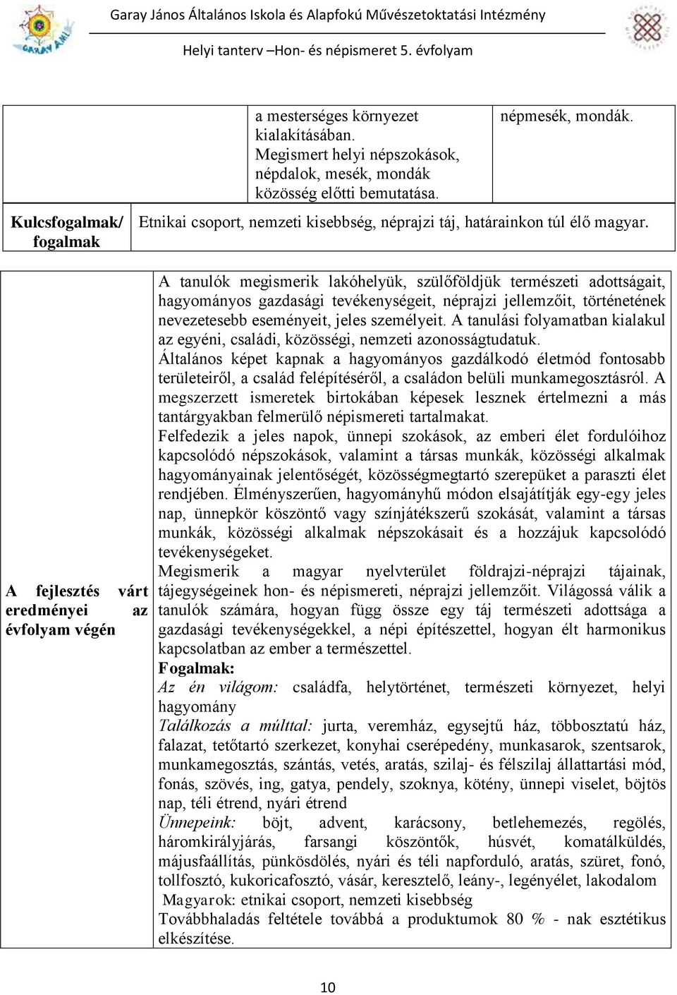 A fejlesztés várt eredményei az évfolyam végén A tanulók megismerik lakóhelyük, szülőföldjük természeti adottságait, hagyományos gazdasági tevékenységeit, néprajzi jellemzőit, történetének