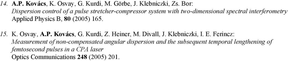 Physics B, 80 (2005) 165. 15. K. Osvay, A.P. Kovács, G. Kurdi, Z. Heiner, M. Divall, J. Klebniczki, I. E.