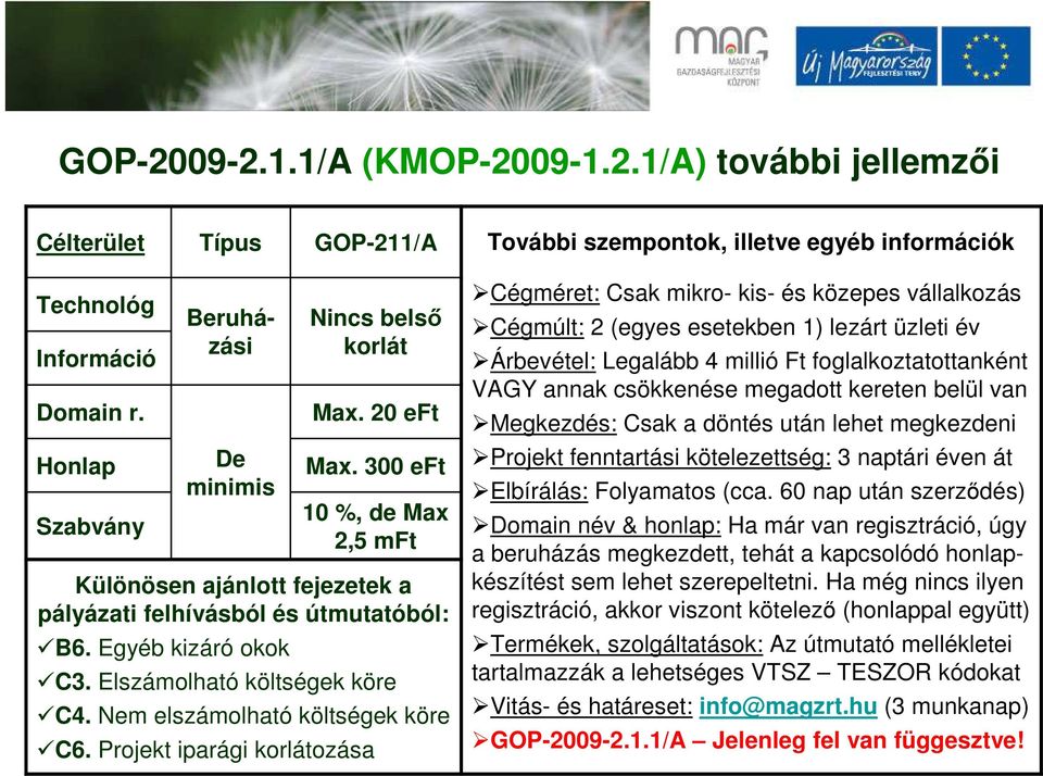 Projekt iparági korlátozása Nincs belső korlát Max. 20 eft Max.