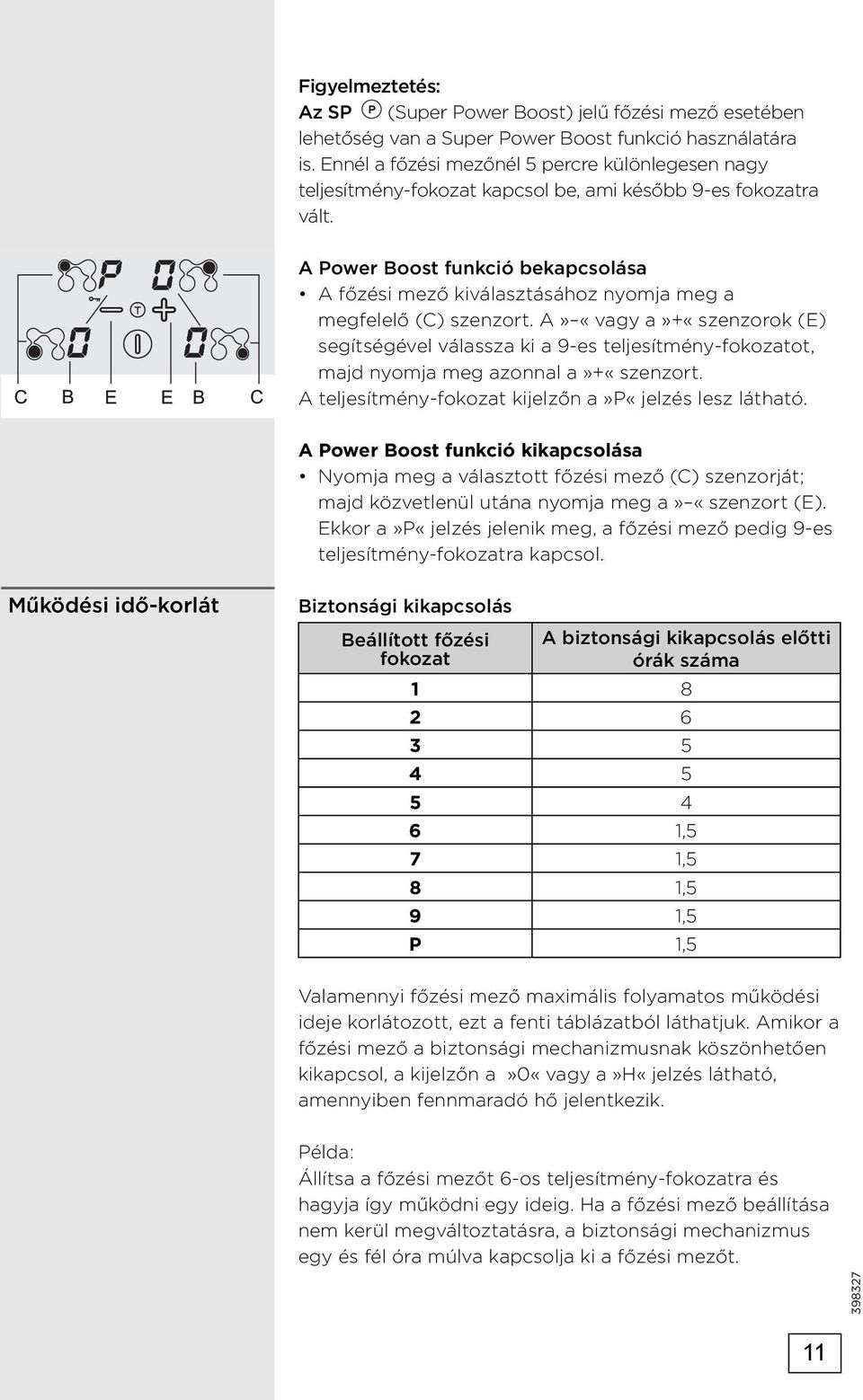 A Power Boost funkció bekapcsolása A főzési mező kiválasztásához nyomja meg a megfelelő (C) szenzort.