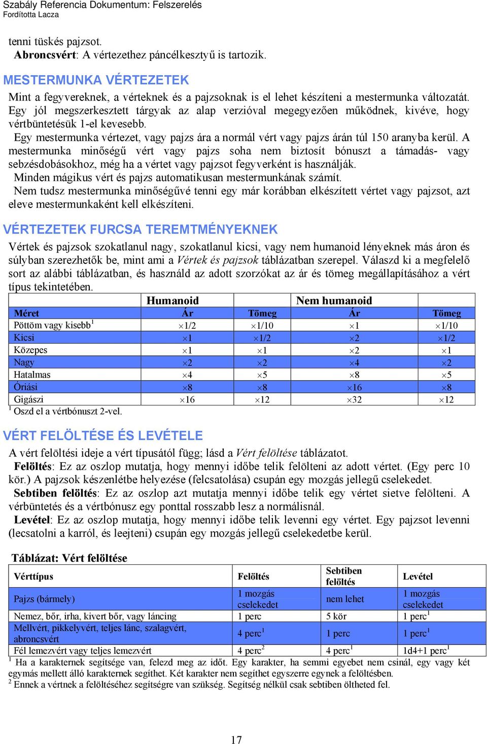 Egy mestermunka vértezet, vagy pajzs ára a normál vért vagy pajzs árán túl 150 aranyba kerül.