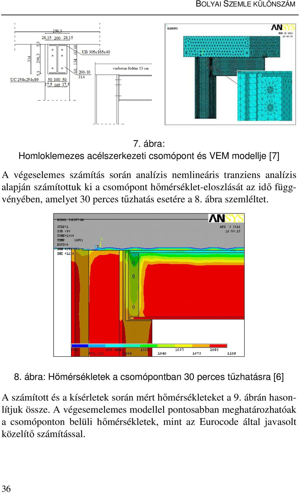 ábra szemléltet. 8. ábra: Hőmérsékletek a csomópontban 30 perces tűzhatásra [6] A számított és a kísérletek során mért hőmérsékleteket a 9.