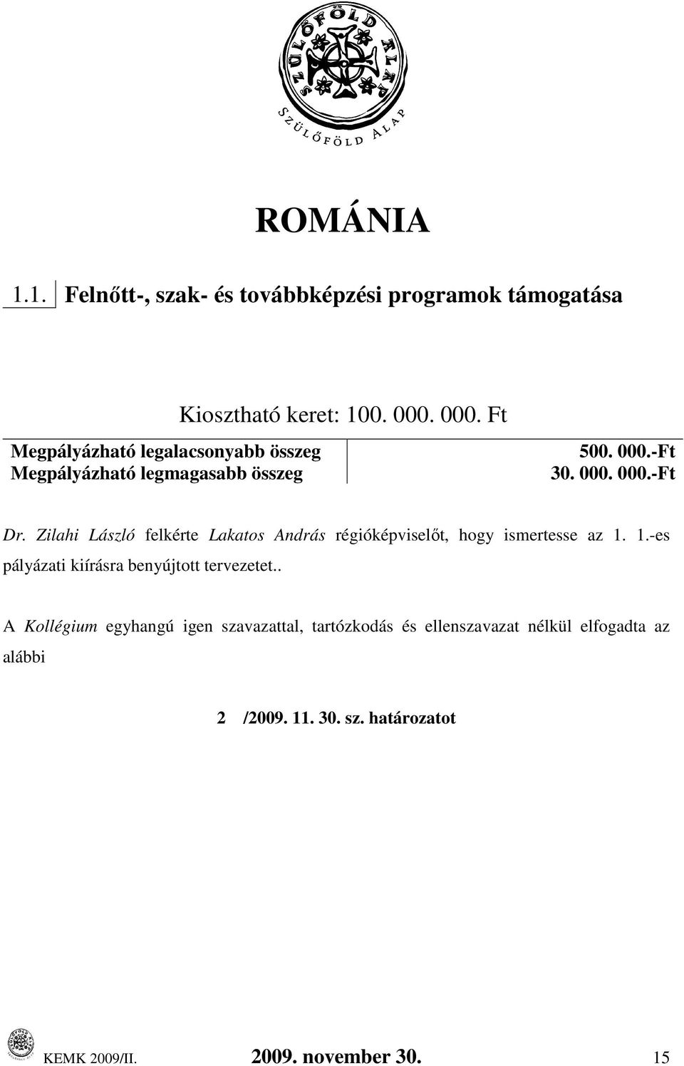 összeg Kiosztható keret: 100... Ft 500..-Ft 30...-Ft Dr.