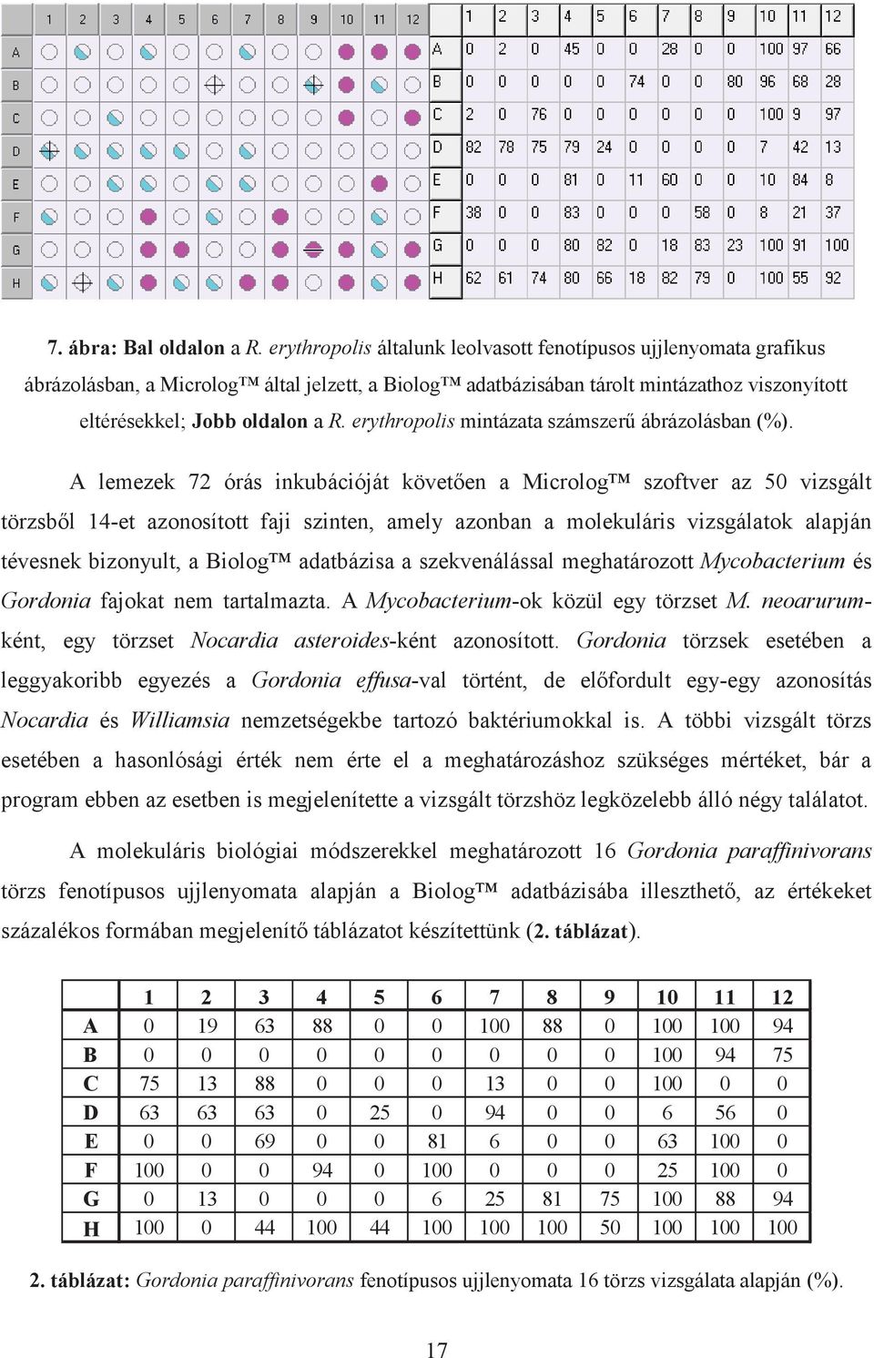 erythropolis mintázata számszerű ábrázolásban (%).