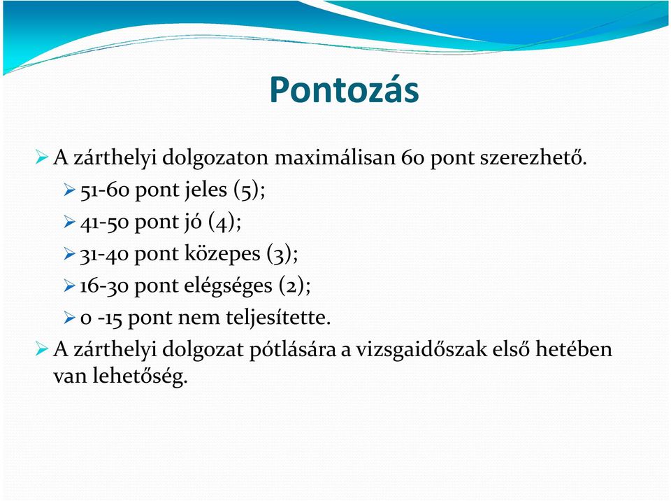 16-30 pont elégséges (2); 0-15 pont nem teljesítette.