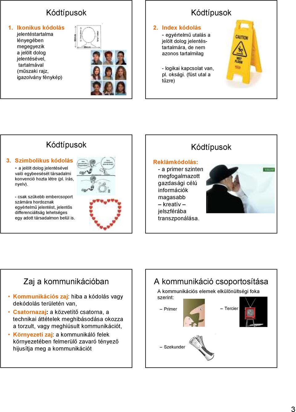 Szimbolikus kódolás - a jelölt dolog jelentésével való egybeesését társadalmi konvenció hozta létre (pl. írás, nyelv).