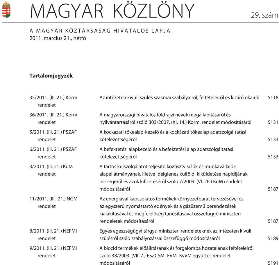 ) PSZÁF rendelet 3/2011. ) KüM rendelet 11/2011. ) NGM rendelet 8/2011. ) NEFMI rendelet 9/2011.