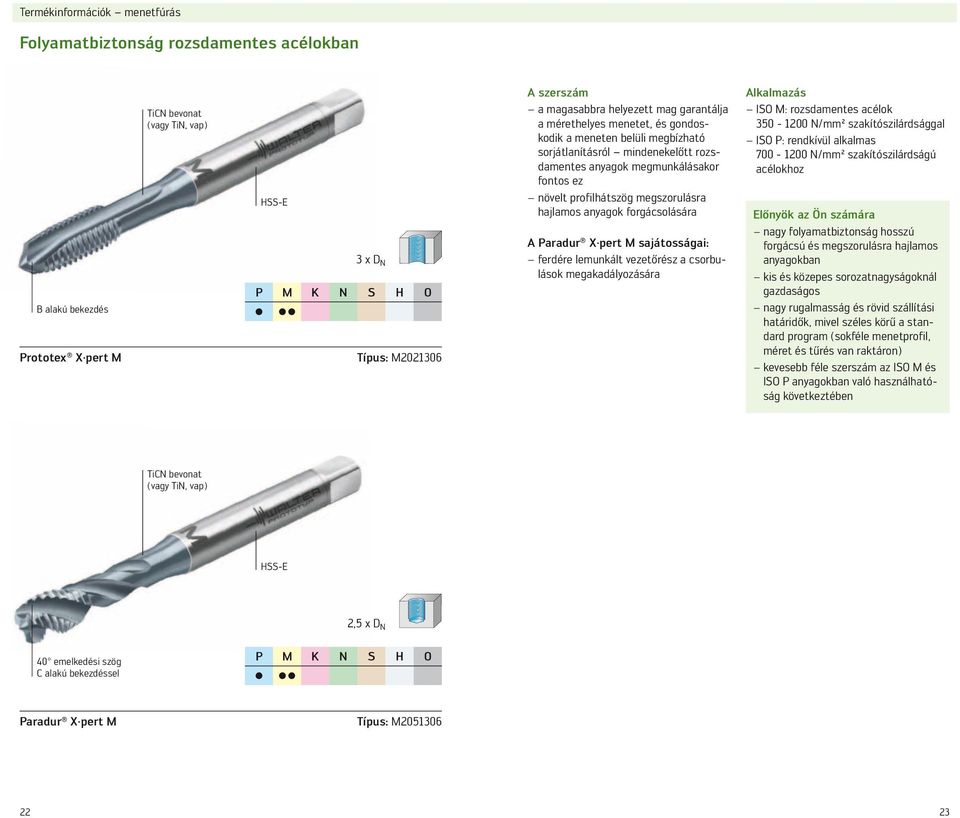 700-1200 N/mm² szakítószilárdságú acélokhoz HSS-E növelt profilhátszög megszorulásra hajlamos anyagok forgácsolására Előnyök az Ön számára B alakú bekezdés Prototex X pert M 3 x D N P M K N S H O C C