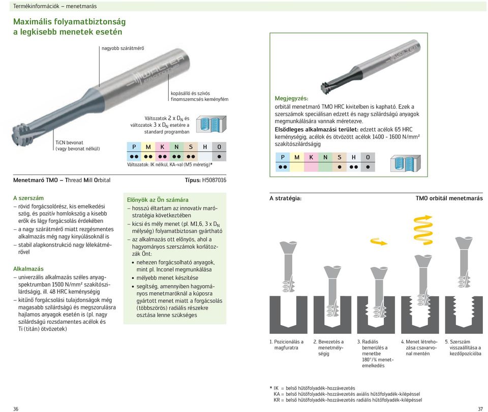 H5087016 Megjegyzés: orbitál menetmaró TMO HRC kivitelben is kapható. Ezek a szerszámok speciálisan edzett és nagy szilárdságú anyagok megmunkálására vannak méretezve.