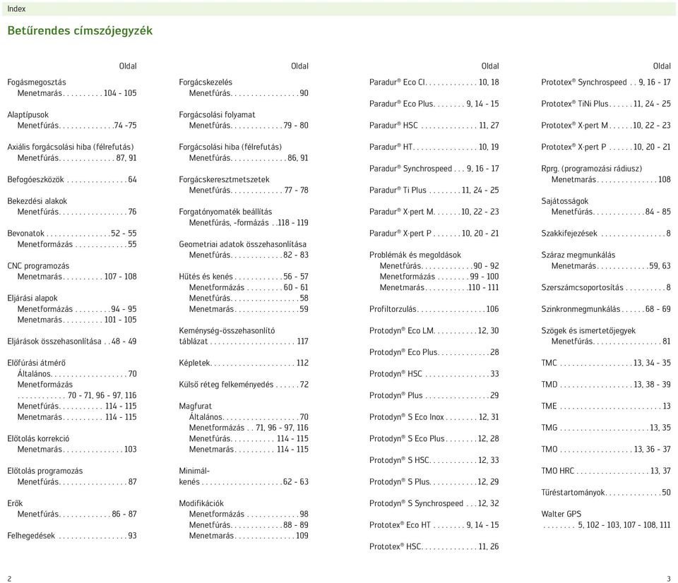 . 9, 16-17 Prototex TiNi Plus...... 11, 24-25 Prototex X pert M...... 10, 22-23 Axiális forgácsolási hiba (félrefutás) Menetfúrás.............. 87, 91 Befogóeszközök............... 64 Bekezdési alakok Menetfúrás.
