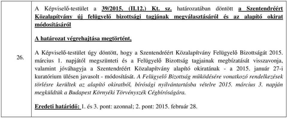 A Képviselő-testület úgy döntött, hogy a Szentendréért Közalapítvány Felügyelő Bizottságát 2015. március 1.