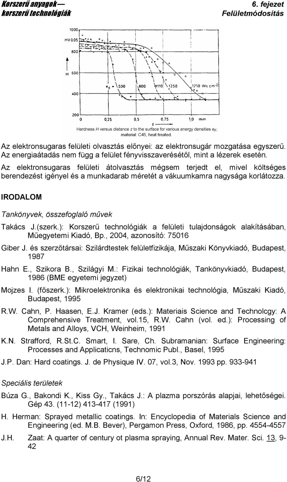 IRODALOM Tankönyvek, összefoglaló mővek Takács J.(szerk.): Korszerő technológiák a felületi tulajdonságok alakításában, Mőegyetemi Kiadó, Bp., 2004, azonosító: 75016 Giber J.