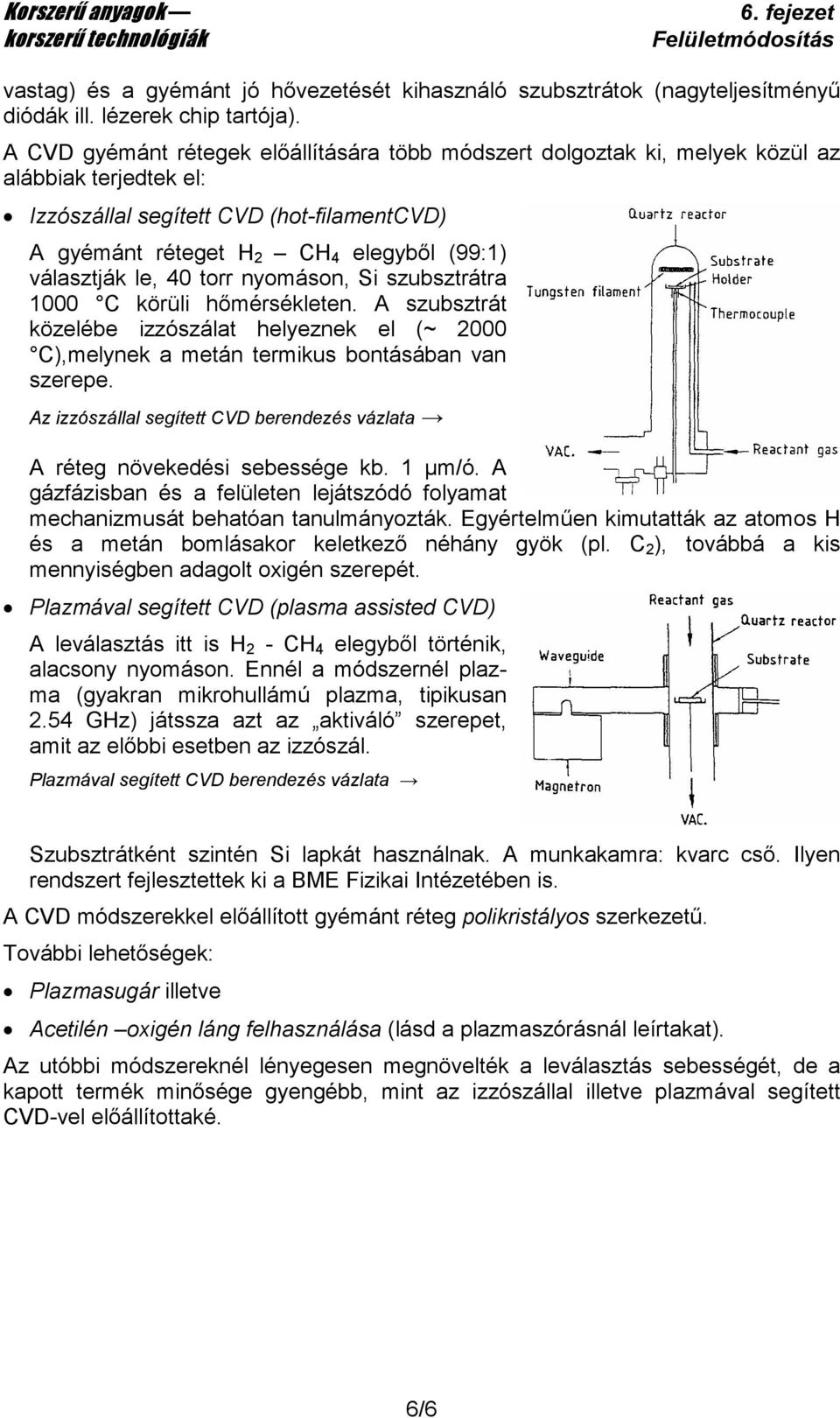 le, 40 torr nyomáson, Si szubsztrátra 1000 C körüli hımérsékleten. A szubsztrát közelébe izzószálat helyeznek el (~ 2000 C),melynek a metán termikus bontásában van szerepe.