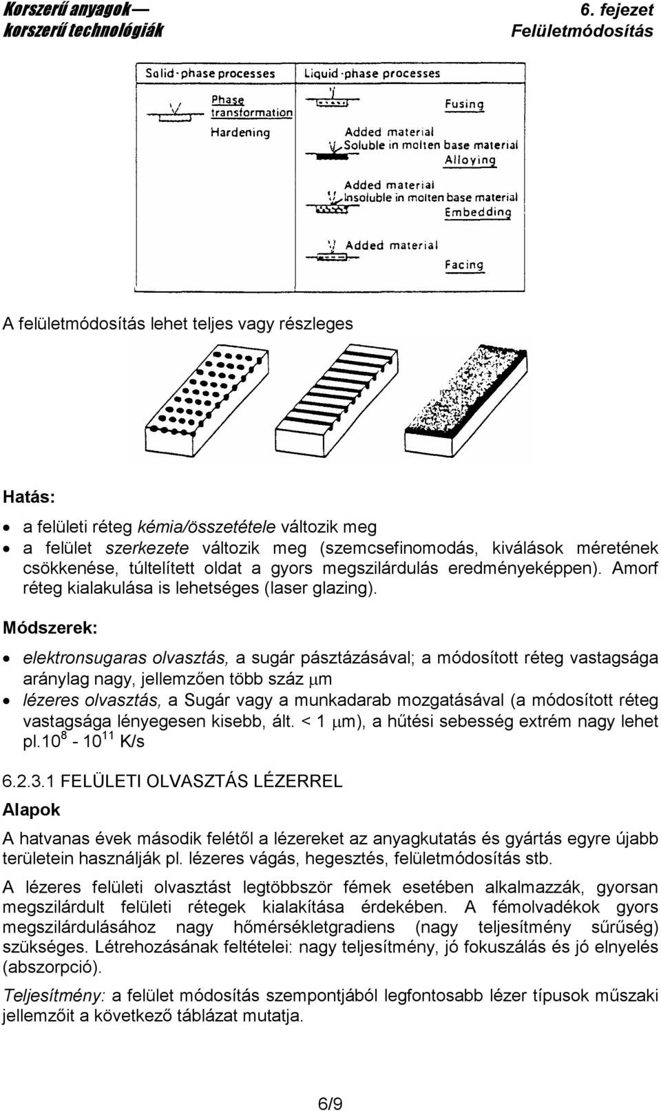 Módszerek: elektronsugaras olvasztás, a sugár pásztázásával; a módosított réteg vastagsága aránylag nagy, jellemzıen több száz µm lézeres olvasztás, a Sugár vagy a munkadarab mozgatásával (a