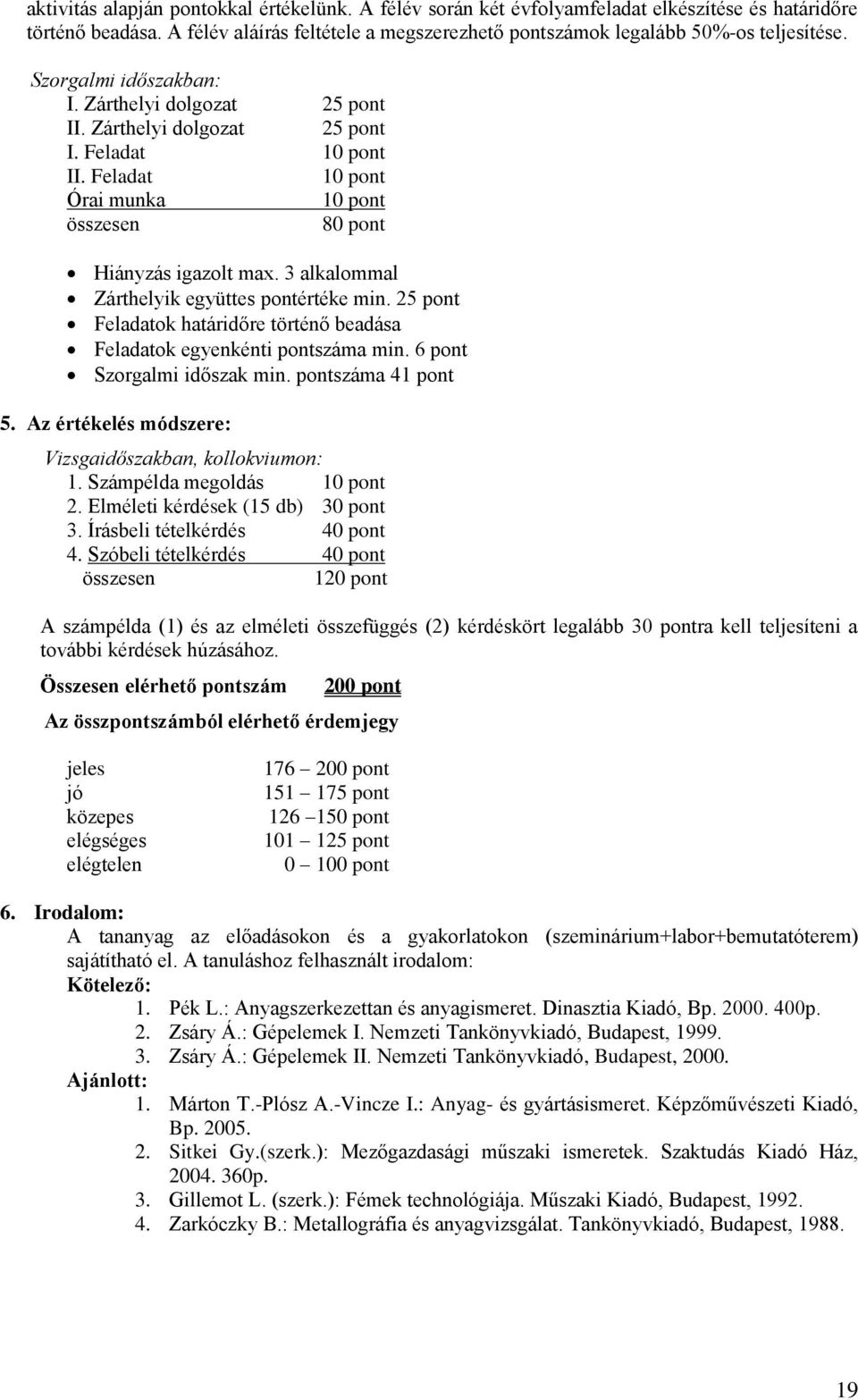 3 alkalommal Zárthelyik együttes pontértéke min. 25 pont Feladatok határidőre történő beadása Feladatok egyenkénti pontszáma min. 6 pont Szorgalmi időszak min. pontszáma 41 pont 5.