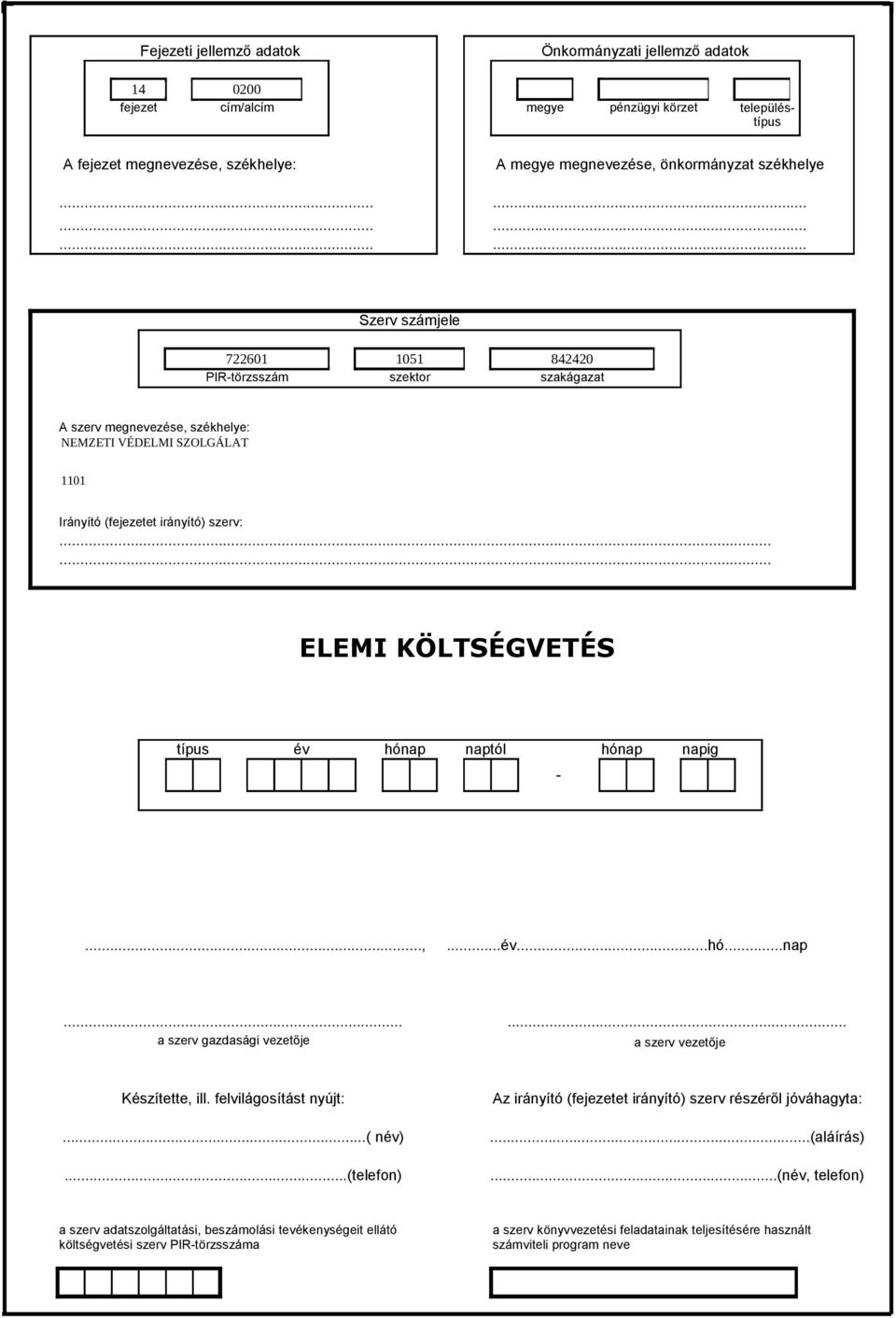 ..... ÉVES KÖLTSÉGVETÉSI ELEMI KÖLTSÉGVETÉS BESZÁMOLÓ típus év hónap naptól hónap napig -...,...év...hó...nap...... a szerv gazdasági vezetője a szerv vezetője Készítette, ill.