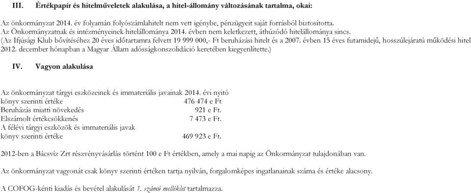 (Az Ifjúsági Klub bővítéséhez 20 éves időtartamra felvett 19 999 000,- Ft beruházási hitelt és a 2007. évben 15 éves futamidejű, hosszúlejáratú működési hitel 2012.